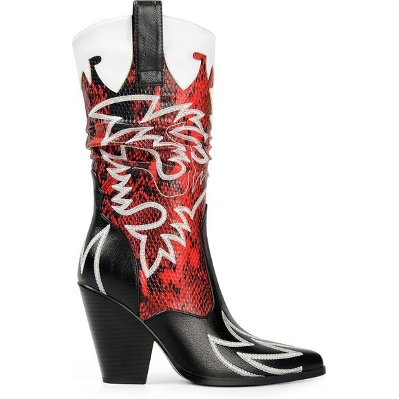 Ann Creek Low Heels Women Black Faux Leather Contrast Mid Calf Pointed toe Boots - Picture 2 of 7